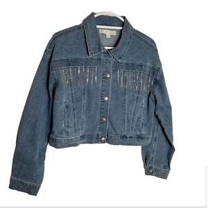 Cato Jean Jacket Women's Medium Rhinestone Bling Cropped Trucker Blue Denim